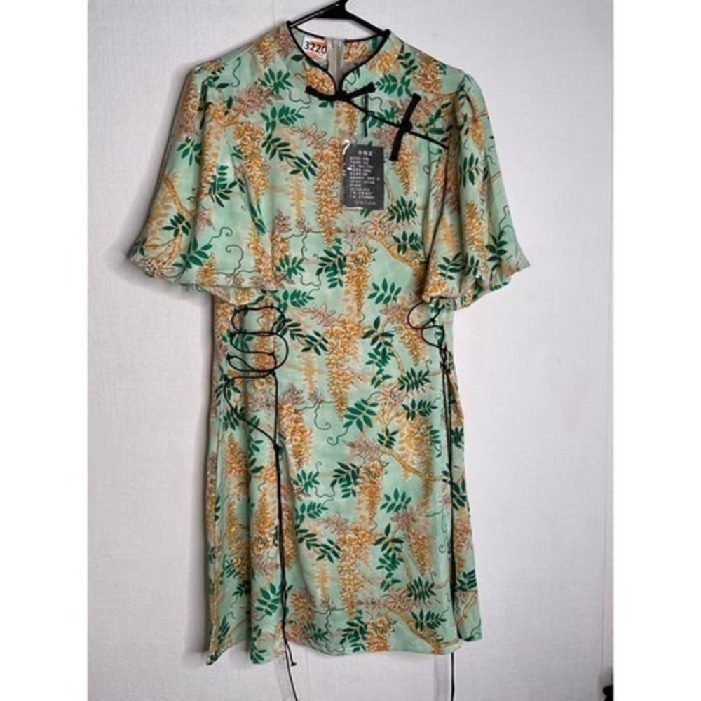 NWT Vogue Fashion Green Floral Side Lace Up Midi Dress Women Asian3XL/USL China - Picture 7 of 9